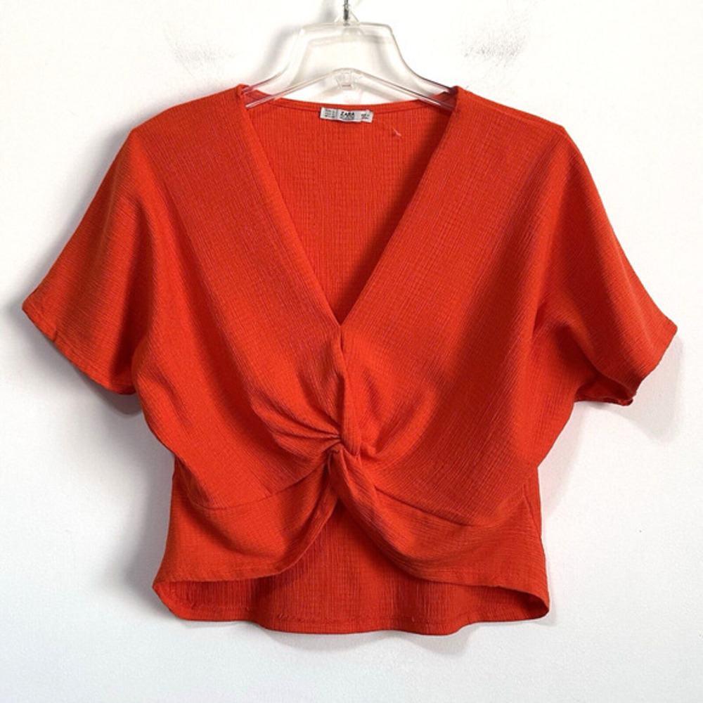 Zara Knot Twist Front Top Shirt S Orange Textured Popover Summer Boho Festival